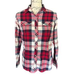 Eddie Bauer Classic Fit Red White Plaid Flannel Cotton Shirt Size Small